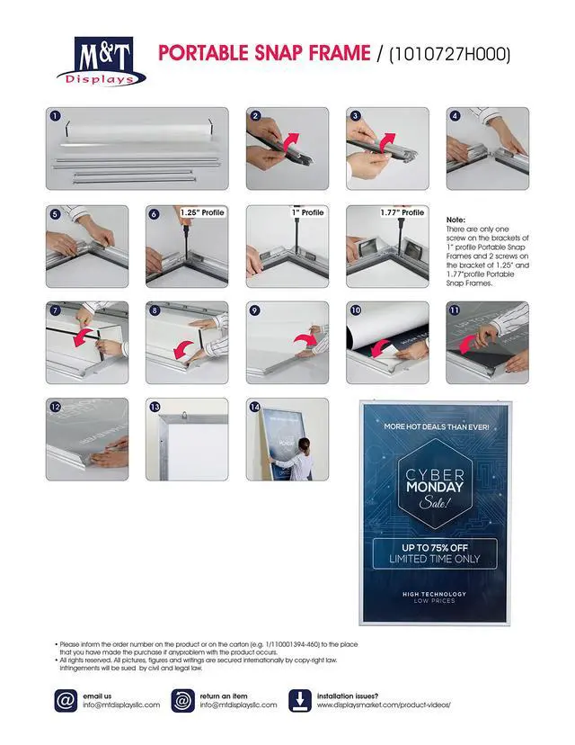 Alt view image 6 of 7 - Portable Snap Poster Frame 36x48 Inch Black 1" Aluminum Profile Front Loading Wall Mounting Photo Picture Document Certificate Sign Holder Mitered Corner Anti Glare Cover