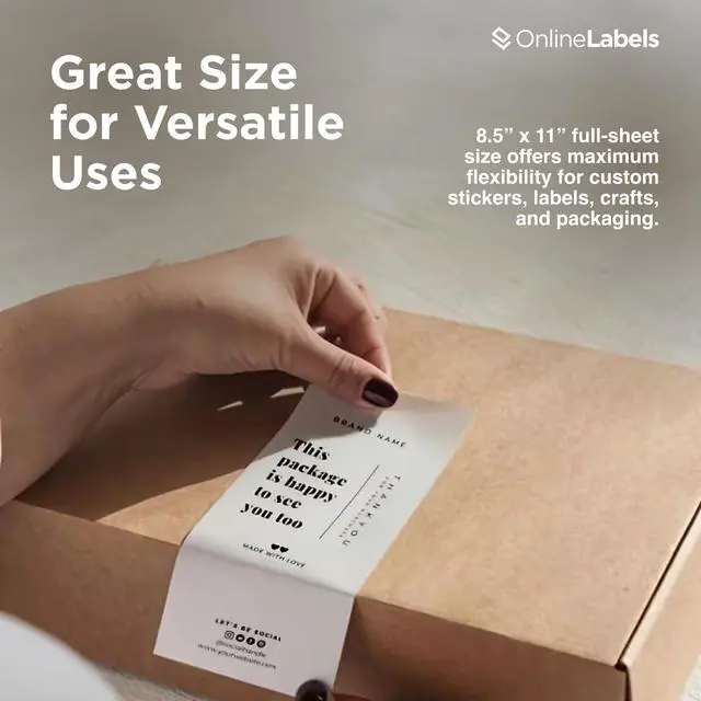Alt view image 6 of 7 - OnlineLabels 8.5" x 11" Sticker Paper - White Matte - Inkjet/Laser | 100 Sheets, Permanent Adhesive, Blank Full Sheet Labels, Inkjet & Laser Compatible, Works With Cricut, Silhouette, & More