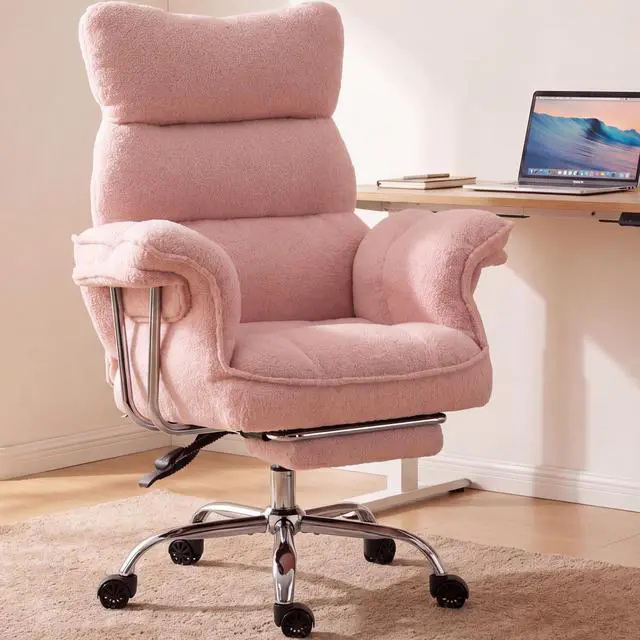 Main image of Big and Tall Office Chair, Ergonomic Desk Chair with Thick Cushion, Wide Seat & Armrests Computer Gaming Chair,High Back Reclining Teddy Fleece Criss Cross Chair with Foot Rest, Pink