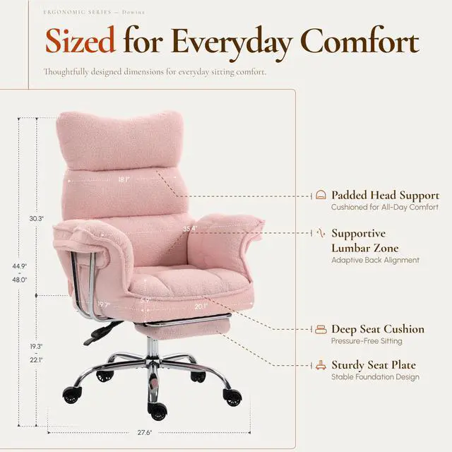 Alt view image 2 of 5 - Big and Tall Office Chair, Ergonomic Desk Chair with Thick Cushion, Wide Seat & Armrests Computer Gaming Chair,High Back Reclining Teddy Fleece Criss Cross Chair with Foot Rest, Pink