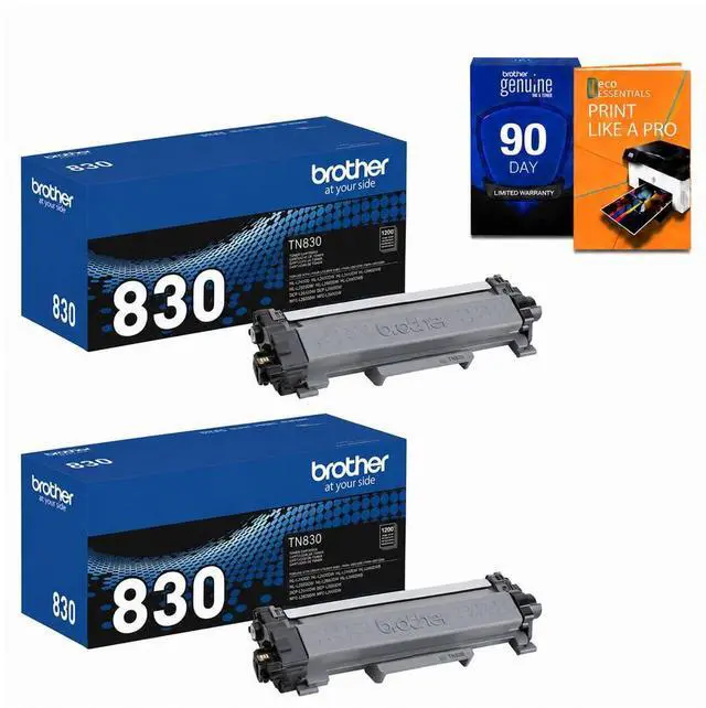 Main image of Genuine TN830 2-Pack Standard Yield Black Toner Cartridge, for MFC-L2820DW, MFC-L2880DW, HL-L2460DW, MFC-L2900DW, HL-L2480DW, MFC-L2760DW, Bundle with Deco Essentials Printer eBook