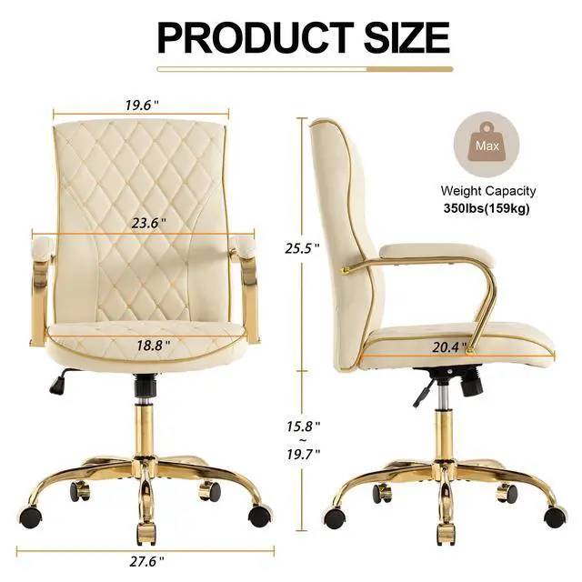 Alt view image 2 of 6 - Beige and Gold Office Desk Chair,Conference Room Chairs,Mid Back Vintage Executive Leather Chair,Ergonomic Computer Swivel Chair with Rocking Function and Padded Arms,Adjustable Height