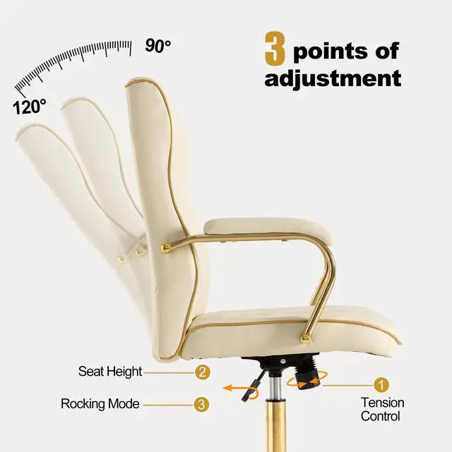 Alt view image 4 of 6 - Beige and Gold Office Desk Chair,Conference Room Chairs,Mid Back Vintage Executive Leather Chair,Ergonomic Computer Swivel Chair with Rocking Function and Padded Arms,Adjustable Height