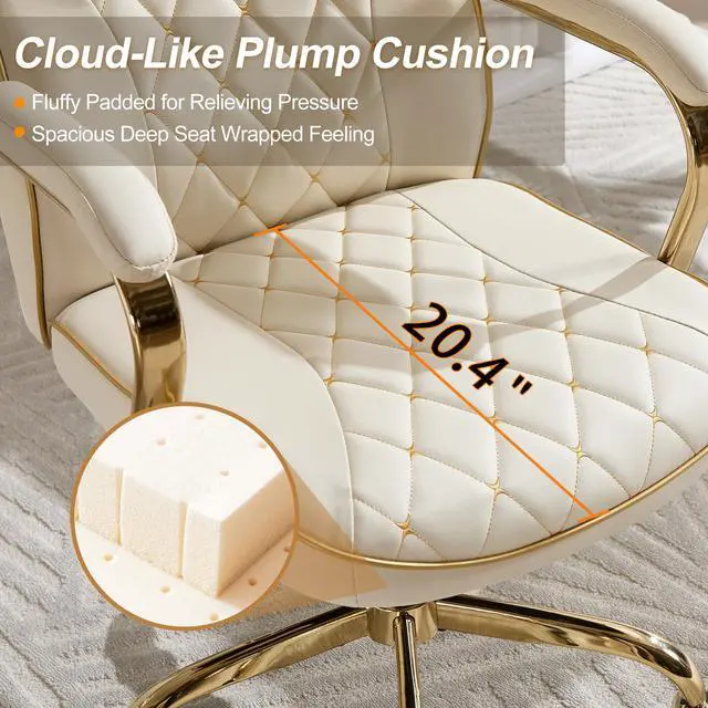 Alt view image 5 of 6 - Beige and Gold Office Desk Chair,Conference Room Chairs,Mid Back Vintage Executive Leather Chair,Ergonomic Computer Swivel Chair with Rocking Function and Padded Arms,Adjustable Height