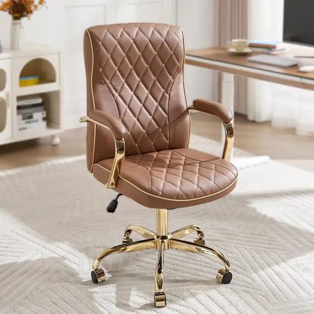 Main image of Brown and Gold Office Desk Chair,Conference Room Chairs,Mid Back Vintage Executive Leather Chair,Ergonomic Computer Swivel Chair with Rocking Function and Padded Arms,Adjustable Height