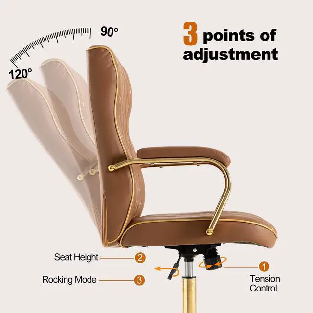 Alt view image 5 of 6 - Brown and Gold Office Desk Chair,Conference Room Chairs,Mid Back Vintage Executive Leather Chair,Ergonomic Computer Swivel Chair with Rocking Function and Padded Arms,Adjustable Height