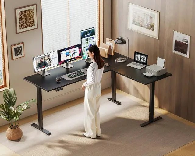 Alt view image 2 of 7 - 63 Inch Reversible L Shaped Electric Standing Desk, Black | Large Corner Height Adjustable Stand Up Desk, 3 Memory Presets, Sit Stand Table, Reinforced Frame for Home Office Workstation
