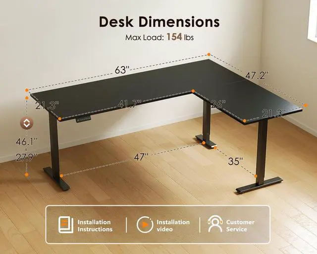Alt view image 3 of 7 - 63 Inch Reversible L Shaped Electric Standing Desk, Black | Large Corner Height Adjustable Stand Up Desk, 3 Memory Presets, Sit Stand Table, Reinforced Frame for Home Office Workstation