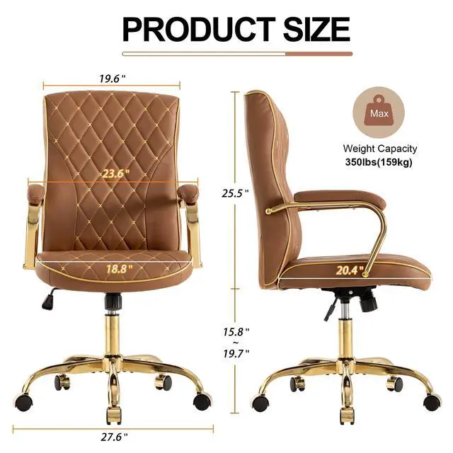 Alt view image 2 of 6 - Brown and Gold Office Desk Chair,Conference Room Chairs,Mid Back Vintage Executive Leather Chair,Ergonomic Computer Swivel Chair with Rocking Function and Padded Arms,Adjustable Height
