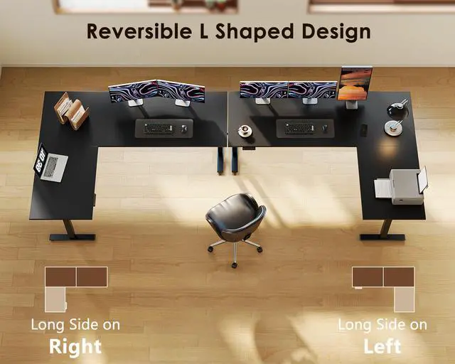 Alt view image 4 of 7 - 63 Inch Reversible L Shaped Electric Standing Desk, Black | Large Corner Height Adjustable Stand Up Desk, 3 Memory Presets, Sit Stand Table, Reinforced Frame for Home Office Workstation