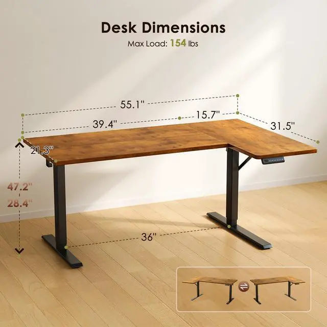 Alt view image 3 of 7 - 55 Inch Reversible L Shaped Electric Standing Desk, Rustic Brown | Corner Height Adjustable Computer Table, Stand Up Desk with 3 Memory Presets, Reinforced Frame for Home Office, Workstation