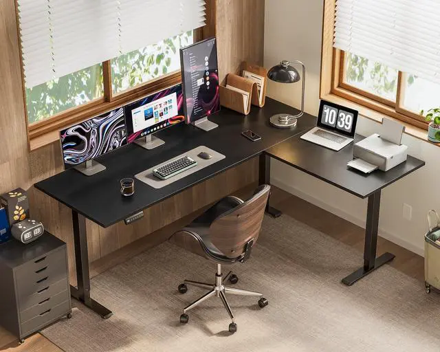Alt view image 7 of 7 - 63 Inch Reversible L Shaped Electric Standing Desk, Black | Large Corner Height Adjustable Stand Up Desk, 3 Memory Presets, Sit Stand Table, Reinforced Frame for Home Office Workstation