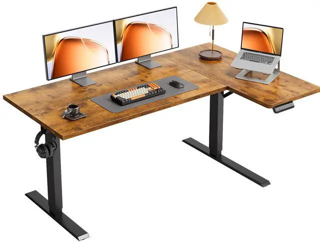 Main image of 55 Inch Reversible L Shaped Electric Standing Desk, Rustic Brown | Corner Height Adjustable Computer Table, Stand Up Desk with 3 Memory Presets, Reinforced Frame for Home Office, Workstation