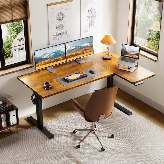Alt view image 2 of 7 - 55 Inch Reversible L Shaped Electric Standing Desk, Rustic Brown | Corner Height Adjustable Computer Table, Stand Up Desk with 3 Memory Presets, Reinforced Frame for Home Office, Workstation