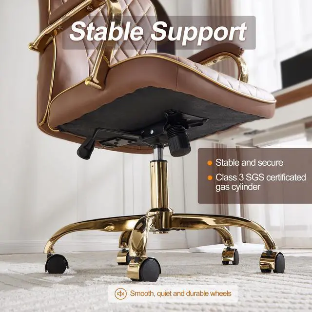 Alt view image 6 of 6 - Brown and Gold Office Desk Chair,Conference Room Chairs,Mid Back Vintage Executive Leather Chair,Ergonomic Computer Swivel Chair with Rocking Function and Padded Arms,Adjustable Height