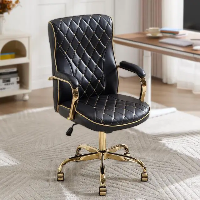 Main image of Black and Gold Office Desk Chair,Conference Room Chairs,Mid Back Vintage Executive Leather Chair,Ergonomic Computer Swivel Chair with Rocking Function and Padded Arms,Adjustable Height