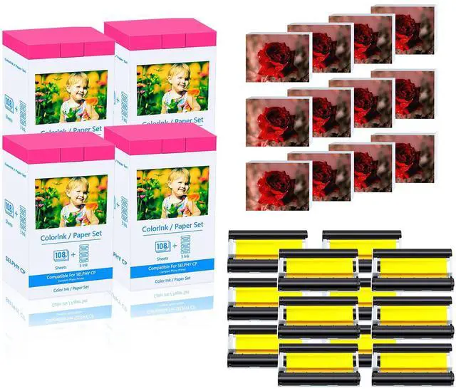 Main image of Compatible KP-108IN Ink Paper Set 4 Color Ink Cassettes and 432 Sheets 4 x 6 Paper Glossy for SELPHY CP1300 CP1200 CP1500 Wireless Compact Photo Printer-4 Pack