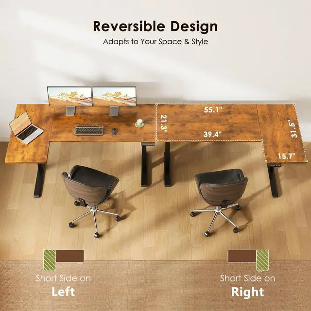 Alt view image 5 of 7 - 55 Inch Reversible L Shaped Electric Standing Desk, Rustic Brown | Corner Height Adjustable Computer Table, Stand Up Desk with 3 Memory Presets, Reinforced Frame for Home Office, Workstation