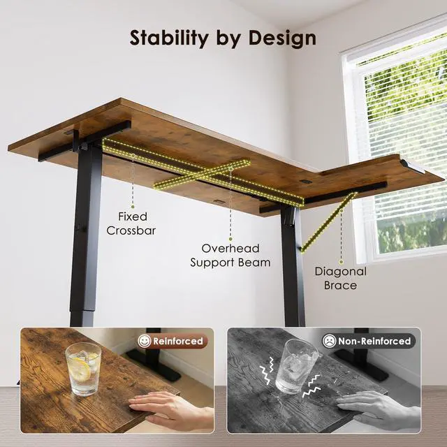 Alt view image 7 of 7 - 55 Inch Reversible L Shaped Electric Standing Desk, Rustic Brown | Corner Height Adjustable Computer Table, Stand Up Desk with 3 Memory Presets, Reinforced Frame for Home Office, Workstation
