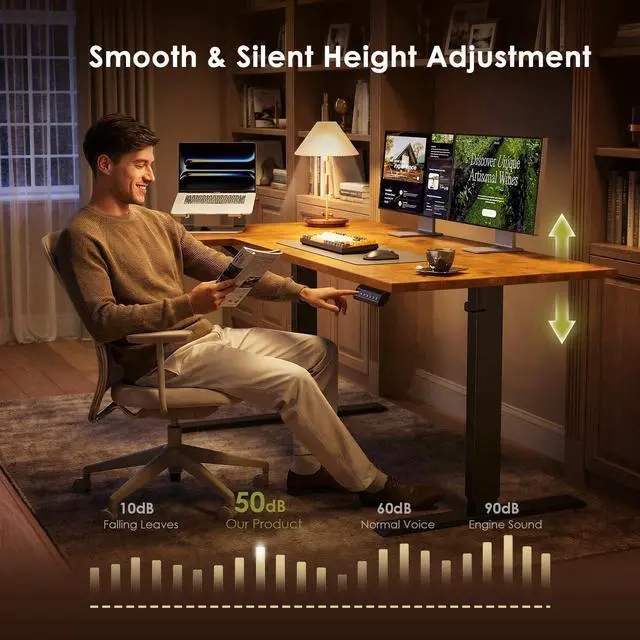 Alt view image 6 of 7 - 55 Inch Reversible L Shaped Electric Standing Desk, Rustic Brown | Corner Height Adjustable Computer Table, Stand Up Desk with 3 Memory Presets, Reinforced Frame for Home Office, Workstation