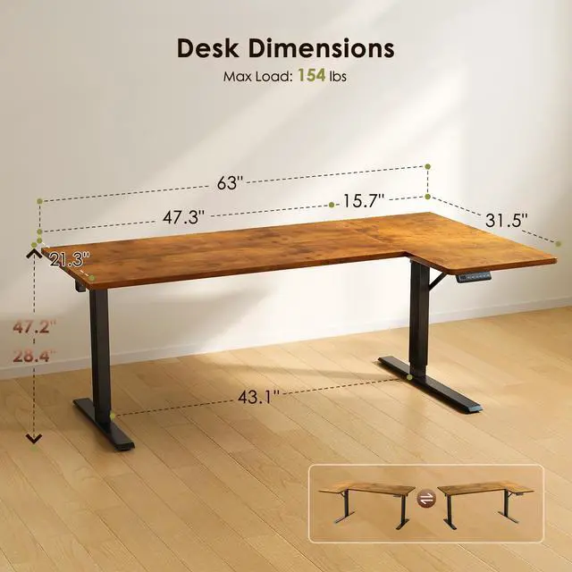 Alt view image 3 of 7 - 63 Inch Reversible L Shaped Electric Standing Desk, Rustic Brown | Corner Height Adjustable Computer Table, Stand Up Desk with 3 Memory Presets, Reinforced Frame for Home Office, Workstation