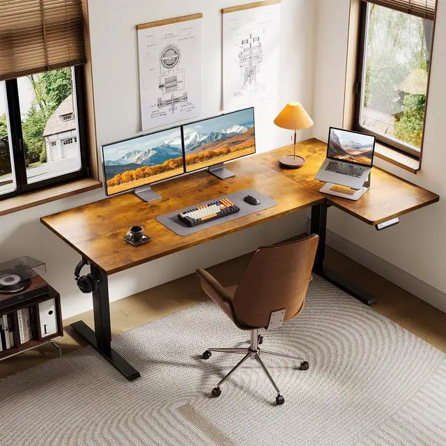 Alt view image 2 of 7 - 63 Inch Reversible L Shaped Electric Standing Desk, Rustic Brown | Corner Height Adjustable Computer Table, Stand Up Desk with 3 Memory Presets, Reinforced Frame for Home Office, Workstation