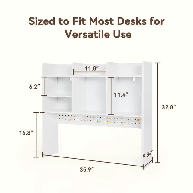 Alt view image 2 of 7 - 35.9" L White Desk Hutch with Pegboard, Dorm Desk Organizer | Multipurpose Desktop Bookshelf for Dorm Office Home, 3-Tier Wooden Display Rack for Computer Desk