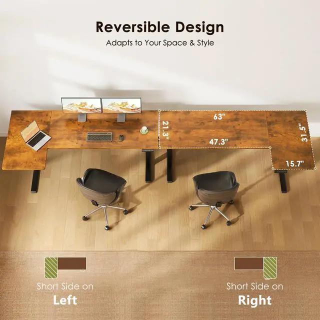 Alt view image 5 of 7 - 63 Inch Reversible L Shaped Electric Standing Desk, Rustic Brown | Corner Height Adjustable Computer Table, Stand Up Desk with 3 Memory Presets, Reinforced Frame for Home Office, Workstation
