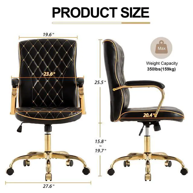 Alt view image 2 of 6 - Black and Gold Office Desk Chair,Conference Room Chairs,Mid Back Vintage Executive Leather Chair,Ergonomic Computer Swivel Chair with Rocking Function and Padded Arms,Adjustable Height
