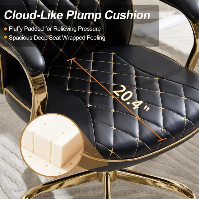 Alt view image 4 of 6 - Black and Gold Office Desk Chair,Conference Room Chairs,Mid Back Vintage Executive Leather Chair,Ergonomic Computer Swivel Chair with Rocking Function and Padded Arms,Adjustable Height