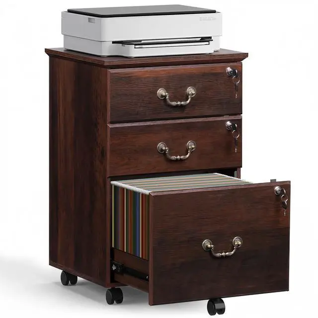 Main image of 3 Drawer File Cabinet with Lock, Wood Filing Cabinet, Brown Oak | Mobile Wood File Cabinet for Under Desk Storage, Rolling Printer Stand for Office Storage, Home Office, 360° Lockable Casters