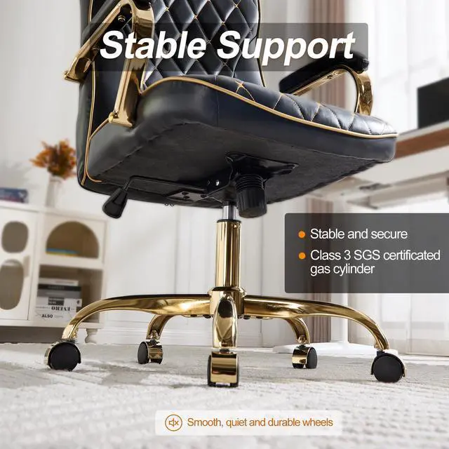 Alt view image 6 of 6 - Black and Gold Office Desk Chair,Conference Room Chairs,Mid Back Vintage Executive Leather Chair,Ergonomic Computer Swivel Chair with Rocking Function and Padded Arms,Adjustable Height