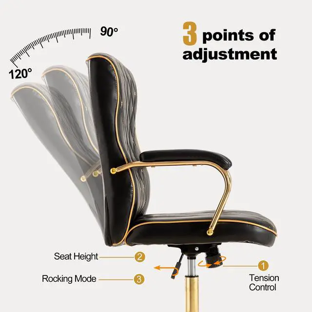 Alt view image 5 of 6 - Black and Gold Office Desk Chair,Conference Room Chairs,Mid Back Vintage Executive Leather Chair,Ergonomic Computer Swivel Chair with Rocking Function and Padded Arms,Adjustable Height