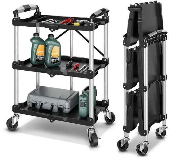 Main image of 3-Tier Folding Utility Cart with Wheels Lockable, 265LB | Heavy Duty Collapsible Service Cart Foldable Rolling Carts for Home, Garage, Warehouses, Restaurants, Workshops