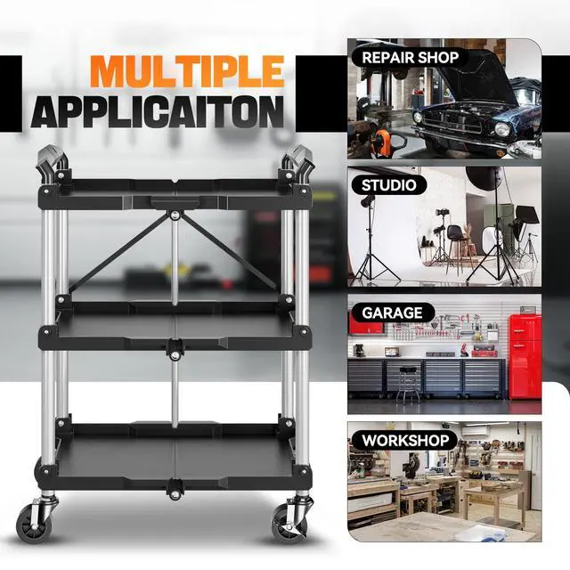 Alt view image 3 of 6 - 3-Tier Folding Utility Cart with Wheels Lockable, 265LB | Heavy Duty Collapsible Service Cart Foldable Rolling Carts for Home, Garage, Warehouses, Restaurants, Workshops