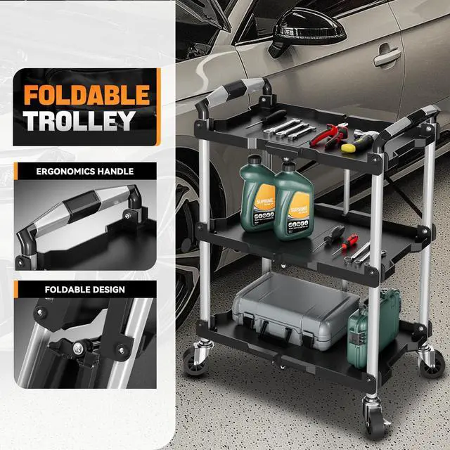 Alt view image 2 of 6 - 3-Tier Folding Utility Cart with Wheels Lockable, 265LB | Heavy Duty Collapsible Service Cart Foldable Rolling Carts for Home, Garage, Warehouses, Restaurants, Workshops