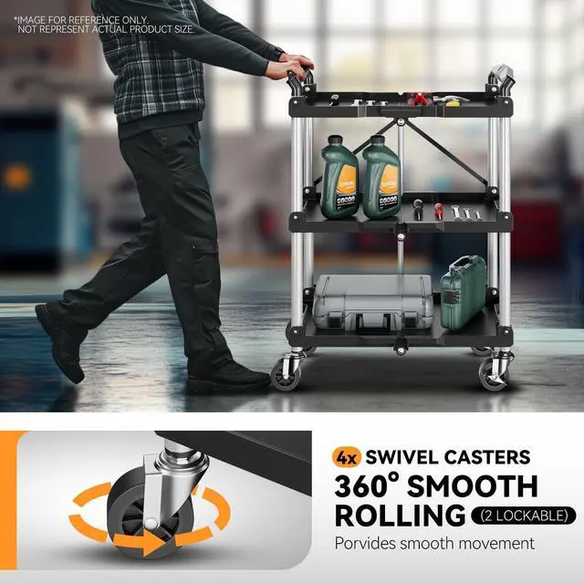 Alt view image 4 of 6 - 3-Tier Folding Utility Cart with Wheels Lockable, 265LB | Heavy Duty Collapsible Service Cart Foldable Rolling Carts for Home, Garage, Warehouses, Restaurants, Workshops