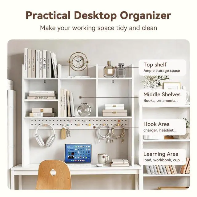 Alt view image 3 of 7 - 35.9" L White Desk Hutch with Pegboard, Dorm Desk Organizer | Multipurpose Desktop Bookshelf for Dorm Office Home, 3-Tier Wooden Display Rack for Computer Desk