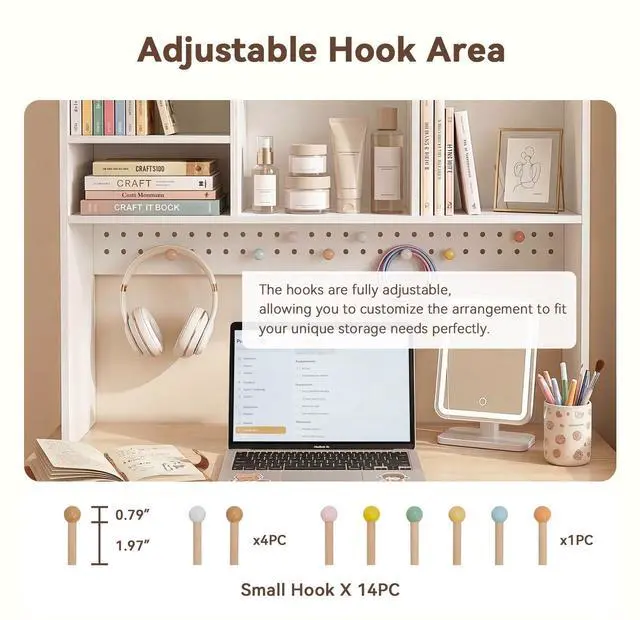 Alt view image 4 of 7 - 35.9" L White Desk Hutch with Pegboard, Dorm Desk Organizer | Multipurpose Desktop Bookshelf for Dorm Office Home, 3-Tier Wooden Display Rack for Computer Desk