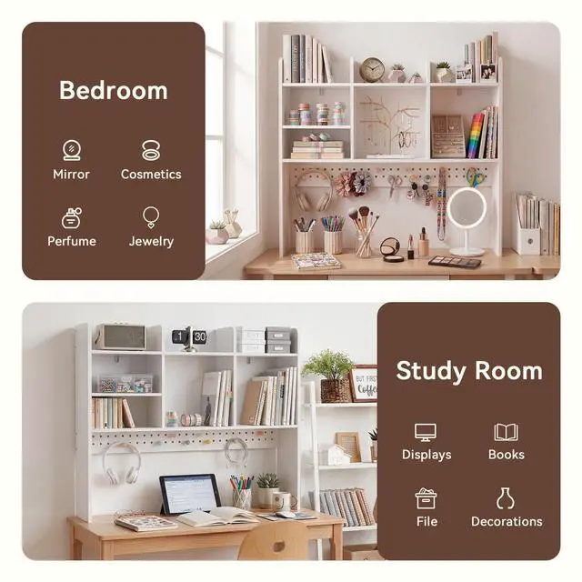 Alt view image 5 of 7 - 35.9" L White Desk Hutch with Pegboard, Dorm Desk Organizer | Multipurpose Desktop Bookshelf for Dorm Office Home, 3-Tier Wooden Display Rack for Computer Desk