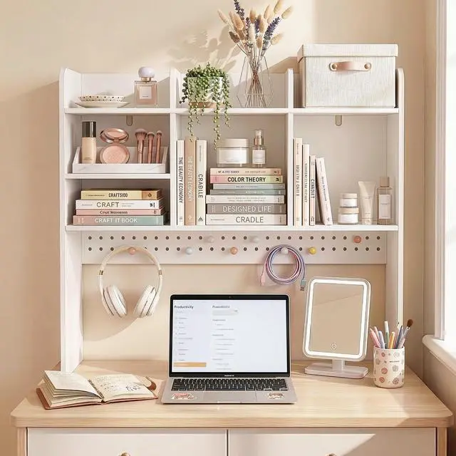 Alt view image 6 of 7 - 35.9" L White Desk Hutch with Pegboard, Dorm Desk Organizer | Multipurpose Desktop Bookshelf for Dorm Office Home, 3-Tier Wooden Display Rack for Computer Desk