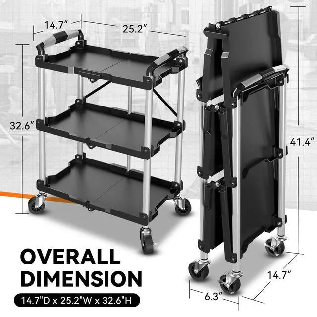 Alt view image 6 of 6 - 3-Tier Folding Utility Cart with Wheels Lockable, 265LB | Heavy Duty Collapsible Service Cart Foldable Rolling Carts for Home, Garage, Warehouses, Restaurants, Workshops