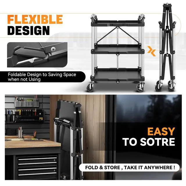 Alt view image 5 of 6 - 3-Tier Folding Utility Cart with Wheels Lockable, 265LB | Heavy Duty Collapsible Service Cart Foldable Rolling Carts for Home, Garage, Warehouses, Restaurants, Workshops