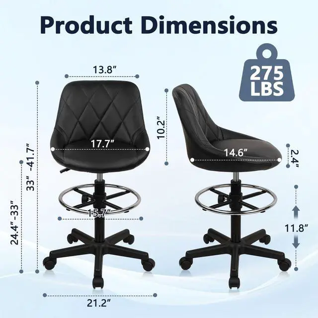 Alt view image 3 of 7 - Drafting Chair with Back, Leather Rolling Swivel Stool with Adjustable Height and Footrest, Ergonomic Tall Standing Desk Office Chairs with Wheels for Home Work Shop Kitchen Bar, 2PK