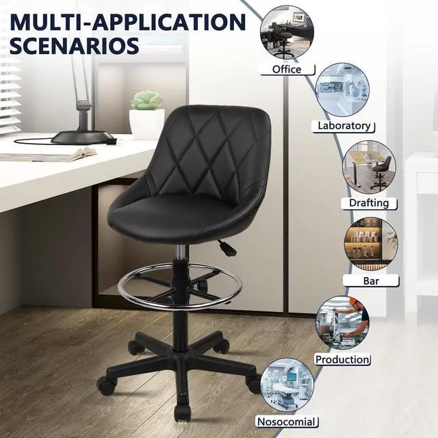 Alt view image 4 of 7 - Drafting Chair with Back, Leather Rolling Swivel Stool with Adjustable Height and Footrest, Ergonomic Tall Standing Desk Office Chairs with Wheels for Home Work Shop Kitchen Bar, 2PK