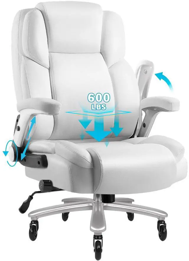 Main image of 600lbs Big and Tall Office Chair with Flip up Armrest, Large Heavy Duty with Ergonomic Lumbar Support, Executive Office Chair for Heavy People with Quiet Rubber Wheel(White)