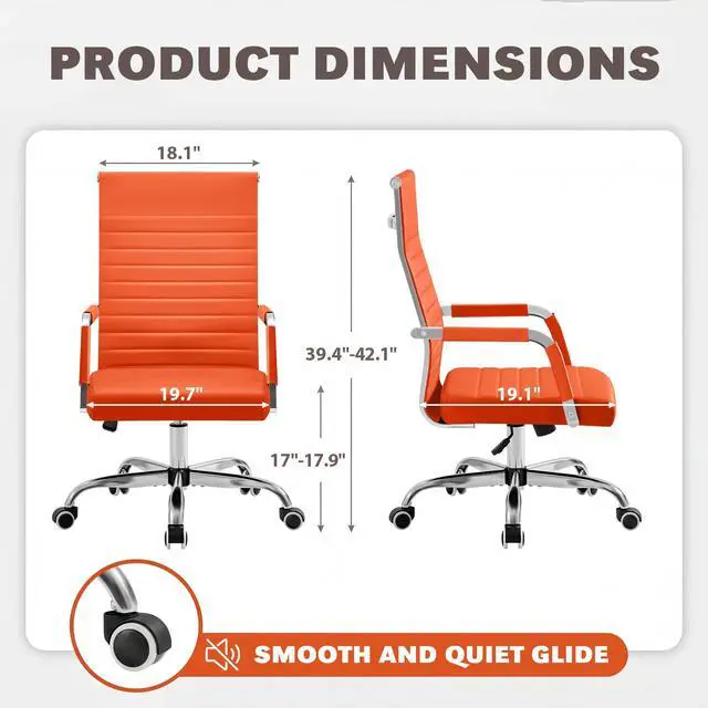 Alt view image 3 of 7 - Ergonomic Office Desk Chair, Executive Ribbed Mid-Back PU Leather Conference Room Chair Adjustable Swivel Chair with Arms (1, Orange)