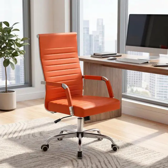 Alt view image 2 of 7 - Ergonomic Office Desk Chair, Executive Ribbed Mid-Back PU Leather Conference Room Chair Adjustable Swivel Chair with Arms (1, Orange)