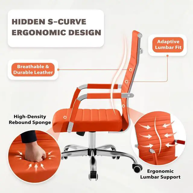 Alt view image 5 of 7 - Ergonomic Office Desk Chair, Executive Ribbed Mid-Back PU Leather Conference Room Chair Adjustable Swivel Chair with Arms (1, Orange)