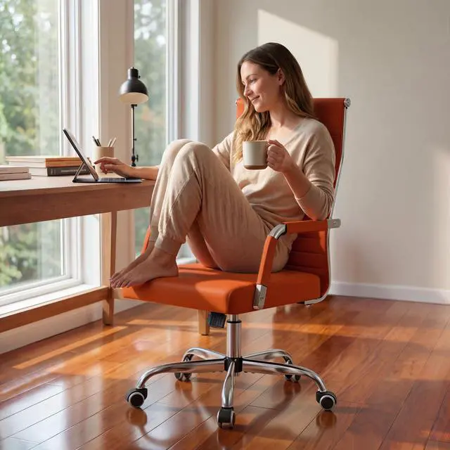 Alt view image 4 of 7 - Ergonomic Office Desk Chair, Executive Ribbed Mid-Back PU Leather Conference Room Chair Adjustable Swivel Chair with Arms (1, Orange)